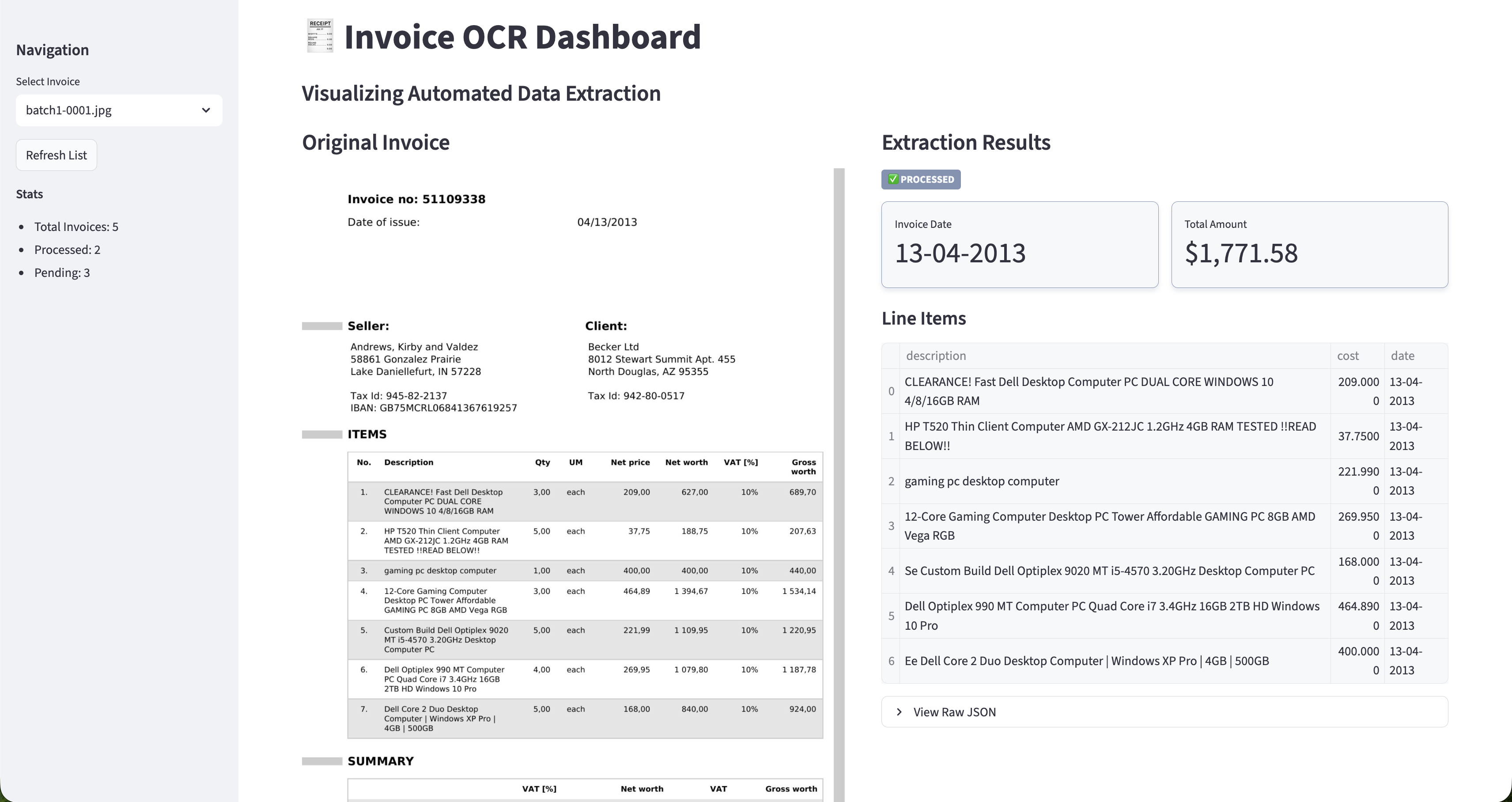 The prototype: the invoice as it arrived on one side, the fields read from it on the other, with the raw JSON one click away.
